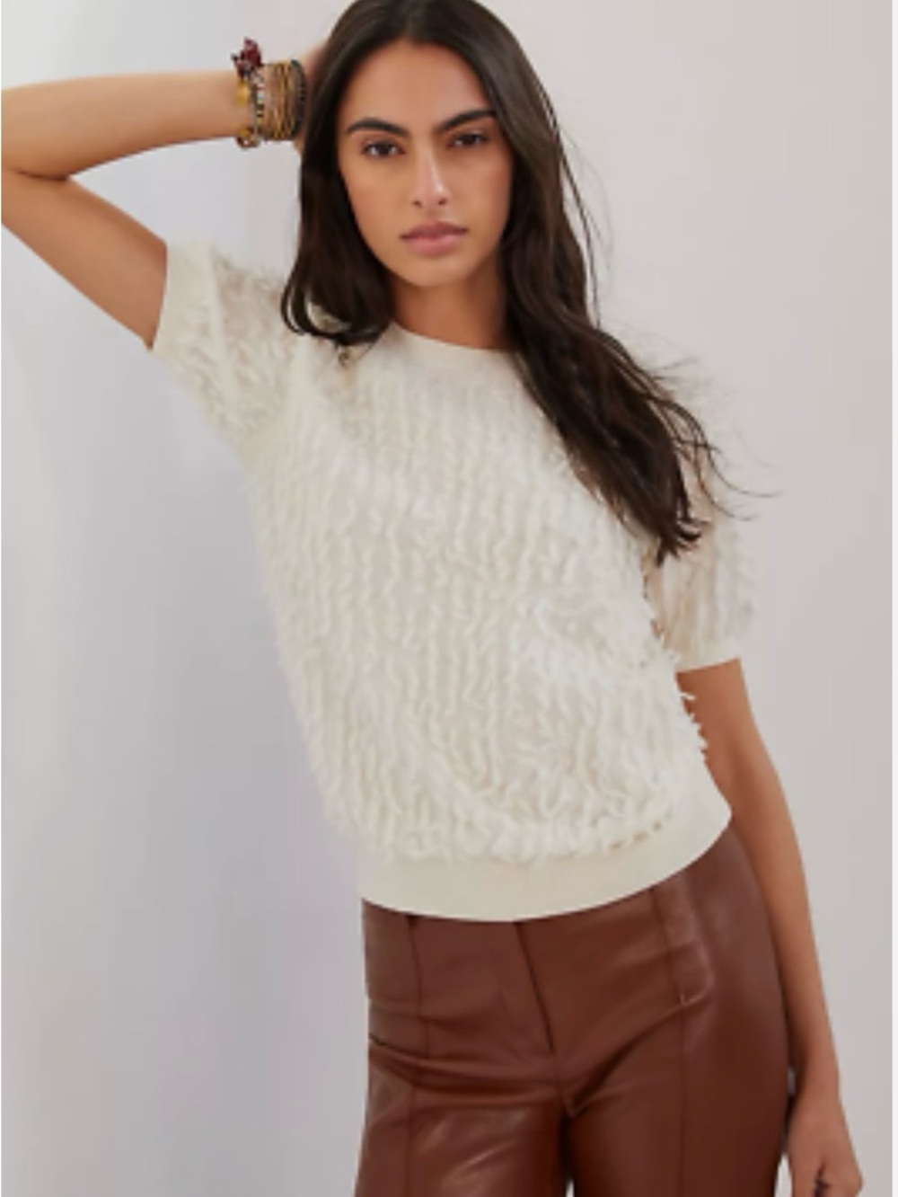 Anthroologie Maeve Women's Cream Textured Short-Sleeve Sweater Top